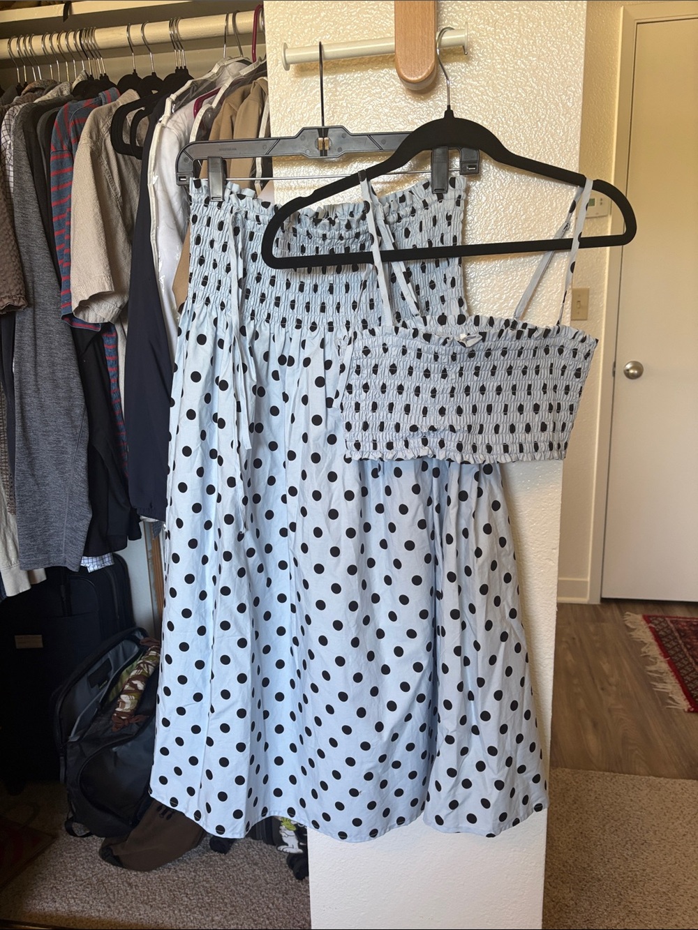 Light Blue Polka Dot Smocked Midi skirt and matching top - Picture 2 of 2
